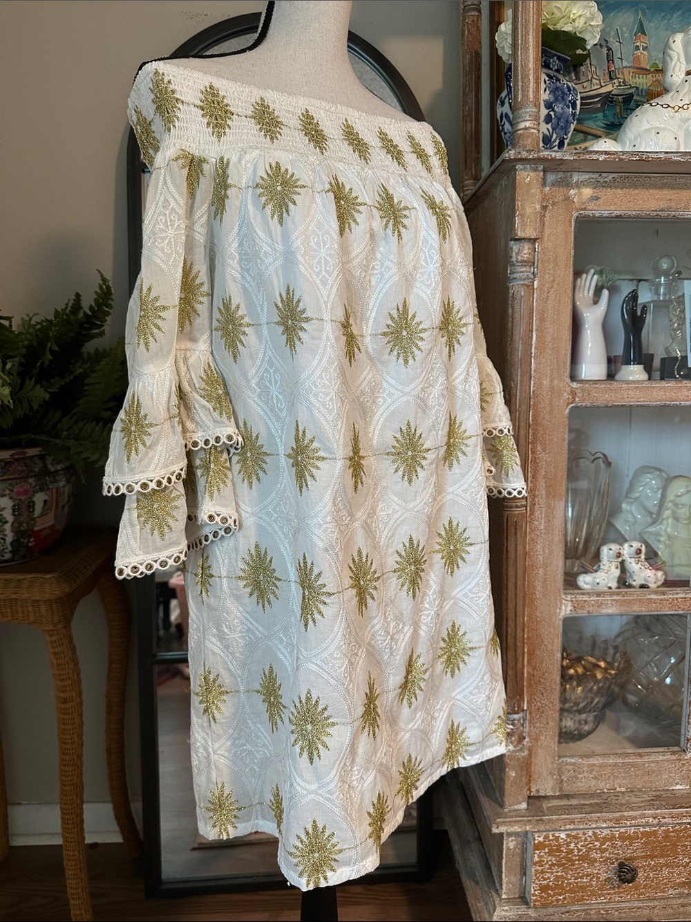 Boston Proper White One-Shoulder Dress with Olive Embroidered Stars